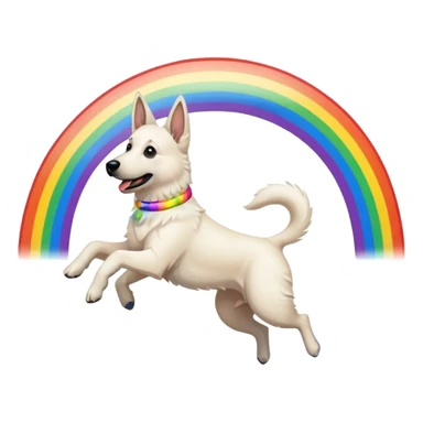 White belgian Shepard jumping over Rain puddles. There is a rainbow in the sky sticker