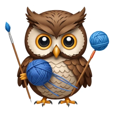 Owl holding blue yarn ball and knitting needles sticker
