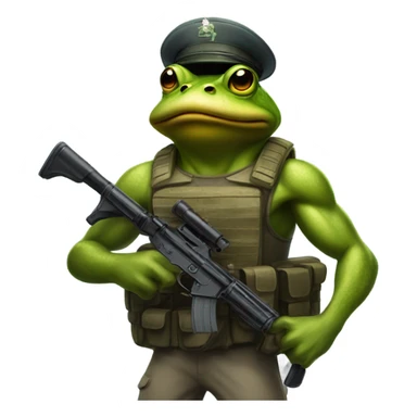 Buff frog with an army helmet and gun sticker