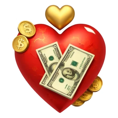 "Realistic HD red heart fused with cash and gold elements, heart seamlessly blended with money textures and molten gold details, dramatic warm glow, luxurious but clean, white background." sticker