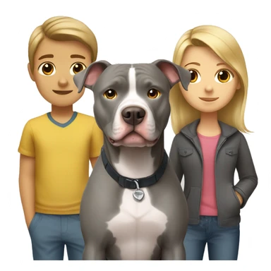 Gray Pitbull standing with brown-haired boy and blonde girl sticker