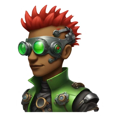 Male cyborg with thin red Mohawk and green steampunk goggles sticker