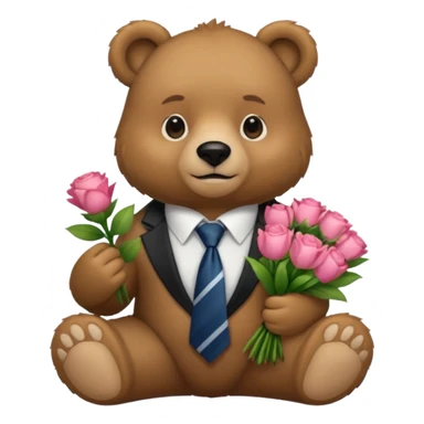 A bear sitting down wear a tie and holding a 💐 sticker