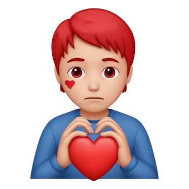 A red emoji that is sad and has a hand making a heart sticker