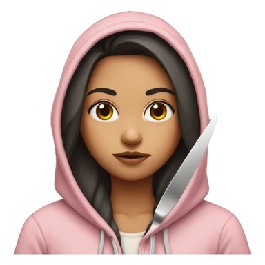 Girl with long dark hair in a light pink hoodie with a serious face holding a butter knife sticker