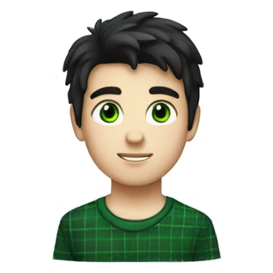 A white boy with black hair wearing a white T-shirt with a black plaid shirt over it with green eyes sticker