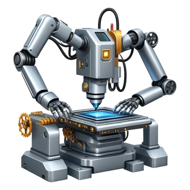 An icon featuring a giant robotic machine welding a large microchip with a laser, using two robotic arms. The design includes circuit boards, gears, and technical schematics, symbolizing advanced engineering and automation. Transparent background highlights the fusion of technology sticker