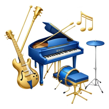 Create an elegant and artistic emoji that represents music arrangement and orchestration. The design should feature musical notes, a set of piano keys, a drum set, and an electric guitar to symbolize the diverse elements of orchestration and arrangement. Include a conductor's baton to emphasize the role of a conductor in bringing all the instruments together. Use a mix of rich colors like gold, silver, and deep blue for sophistication, and add flowing lines to represent the harmony between different instruments. The background should be transparent. sticker