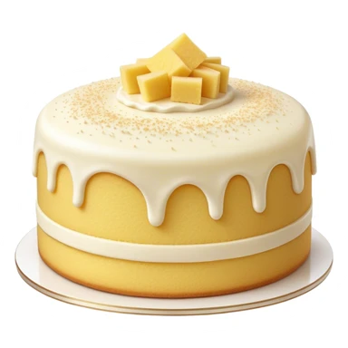 Cinematic Realistic Simple Vanilla Cake, a perfectly baked golden sponge with soft, airy layers, delicate vanilla frosting smoothly spread across the top, tiny flecks of vanilla bean visible, warm golden lighting creating depth, glowing with a sweet, irresistible charm. sticker