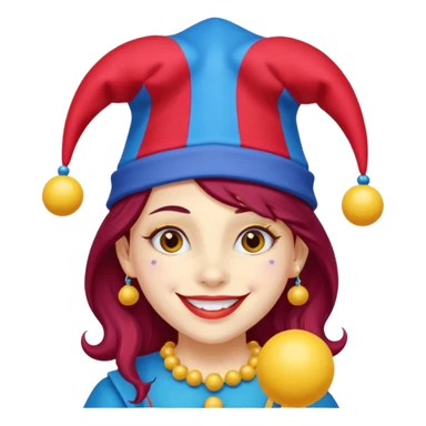 Girl with red and blue jester hat with yellow balls on the ends of the jester hat smiling with rosy cheeks and dark hair sticker