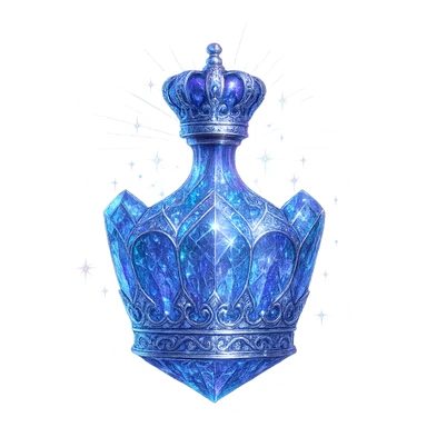 luxurious crystal elixir bottle in crown shape, color #7986cb, multi-layered holographic and silver filigree, intricate crystal texture, magical glowing and sparkling effects, radiant light beams, very small neck, seamless ornate bottom, transparent background, bottle clearly floating in air, no base or shadow, not standing, modern, collection style, extremely beautiful and refined sticker