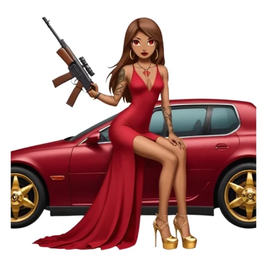 Lilith tan skinfemale red eyes symbol. Tattoo arms. Her hair is brown straight long hair.wearing sexy long ruby covered dress with slit. black stiletto thick platform high heels shoes on. Sitting on gold giant luxury car with cash on her. She is holding a sniper rifle in one hand cash in other hand sticker