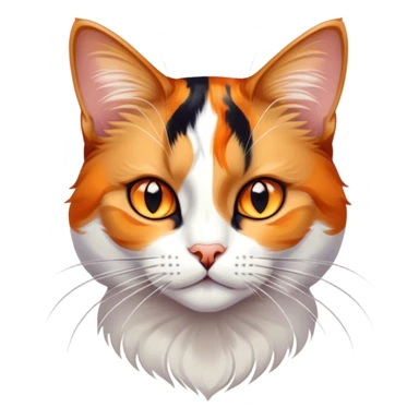 Cinematic Noble Calico Cat Portrait Emoji, Poised and regal, with a striking patchwork coat in vibrant orange, black, and white hues, delicate whiskers and a refined, focused gaze, simplified yet exquisitely detailed, glowing with a soft, moonlit radiance and an air of aristocratic elegance, high shine, exuding dignified intelligence and poised authority, soft glowing outline, capturing the essence of a watchful and noble calico cat that appears ready to grace the screen with effortless majesty! sticker