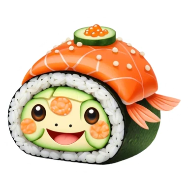 Cute Kawaii California Roll, tiny and round, cute layers of avocado, crab, and cucumber, wrapped in bright orange fish roe, a joyful winking face, tiny sesame seed freckles! sticker