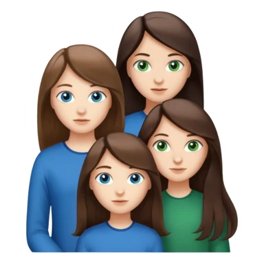 Three people total: Two girls brunette one with straight long hair and blue eyes one with curled hair middle length and green eyes and the other a boy lighter brown with blue eyes  sticker