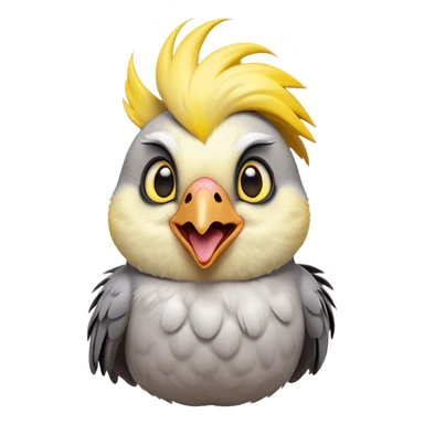 Cinematic Comical Cockatiel Portrait Emoji, Head tilted dramatically with an exaggeratedly amused expression, featuring a striking grey fur with bold yellow accents and a flamboyant crest, wide, expressive dark eyes filled with playful disbelief, Simplified yet hilariously expressive features, highly detailed, glowing with a slightly sassy glow, high shine, dramatic yet playful, stylized with an air of cheeky mischief, bright and endearing, soft glowing outline, capturing the essence of a spirited and over-the-top cockatiel, so meme-worthy it feels like it could side-eye its way into internet fame instantly! sticker