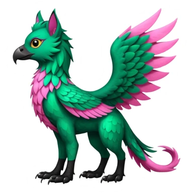 Emerald-green gryphon-Trico-fusion-hybrid with a long tufted tail, black beak, pink swirly pattern markings, black claws, black tail, majestic, realistic, furry (full body) sticker