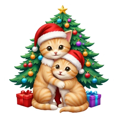 two hugging blonde happy fluffy cute smiling kittens with Santa hats by a colorful multicolored brightly lit up Christmas tree sticker