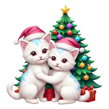 two hugging white happy fluffy cute smiling kittens with Santa hats by a colorful multicolored brightly lit up Christmas tree sticker