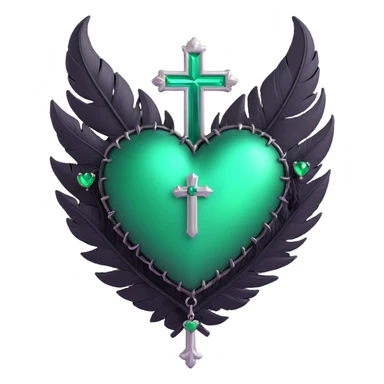 3D emoji gothic heart, emerald green glass, silver cross, feather accents sticker