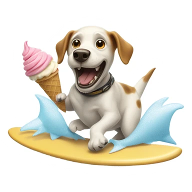 Dog on surfboard eating ice cream cone running away from a shark sticker