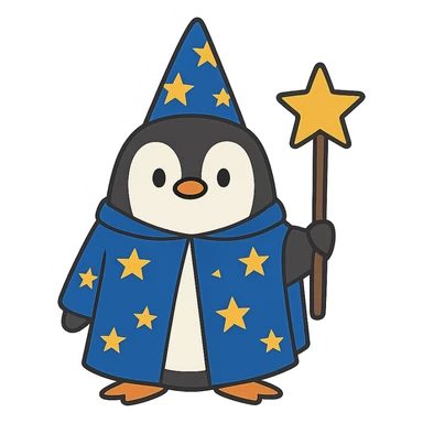 flat toon style penguin wizard with a starry cloak sticker