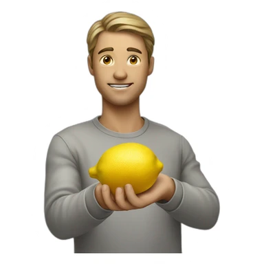 a man holding a lemon with his left hand and pointing at it with his doingt in front of him sticker