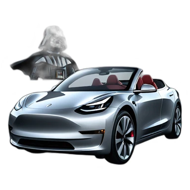 Darth Vader driving an open top black Tesla Model 3, with grey seats, front view sticker