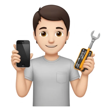 make a white guy with dark brown hair, with a simple white o grey shirt, repairing an iphone happy, tecnician with tools sticker