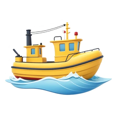 A 3D cartoon tugboat towing another boat on calm blue water, soft waves, clear sky, Memoji-style. sticker