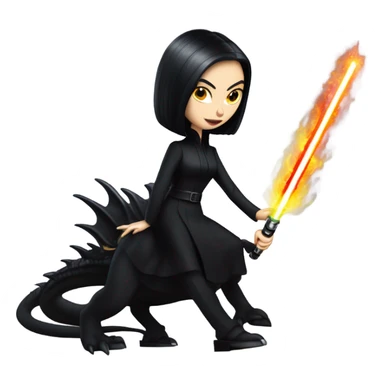 beautifully dressed teen Morticia Addams Jedi riding on the back of a very large black shiny evil-looking fire-spewing dragon. proper scale sticker