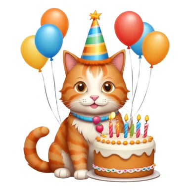 Ginger cat celebrates birthday, birthday hat, birthday cake, balloons, happy sticker
