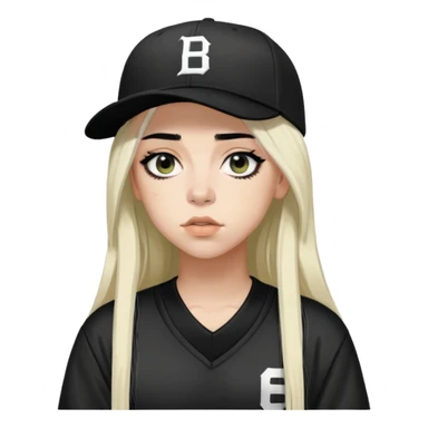 billie eilish long black hair dark eyeliner makeup, wearing caps and jersey sticker