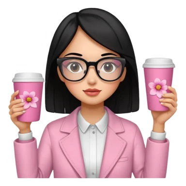 Chica de pelo negro ojos negros y piel morena con lentes oversize square con ropa bonita m pantallas pequenas de cristal , en la mano derecha una taza de cafe en color rosa con una flor negra de diseno. Sentada mirando la television. sticker