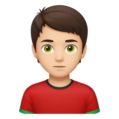 A portrait of a 14-year-old boy, he's got dark-brown hair, light brownish skin and green hazel eyes. he's wearing a red t-sirt with yellow sleeves. sticker