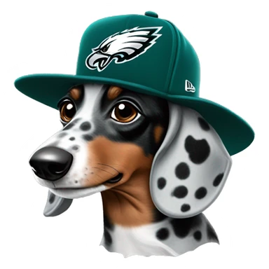 Miniature Blue Merle  Light Tri Brown and Black Spotted Dachshund wearing Philadelphia Eagles Hat with C on it sticker