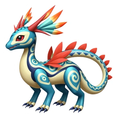 zig-zag-patterned tribal tropical hot spotted Meloetta-Dialga-Salamence-Giratina-Noibat-Pokémon-Fakémon-fusion-hybrid-creature sticker