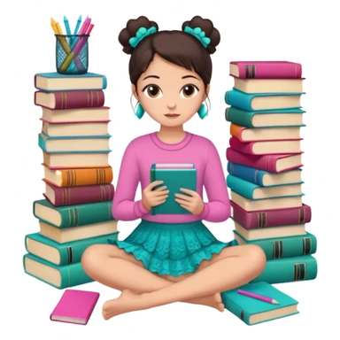 A brunette woman with straight, dark brown hair styled in two buns wears a pink long-sleeved shirt and a turquoise lace ruffled skirt. She is barefoot and holds a crayon in one hand. She sits cross-legged on the floor, which is covered with stacks of colorful notebooks. Art Deco style illustration. sticker