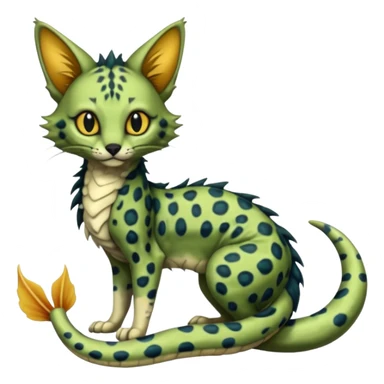 Realistic cute swampy greenish dark edgy spooky Flurry furry scary slimy oily glossy wet gloomy dusky scaly sergal-serval-possum-sphynx-Koi-sergal-fusion-animal-hybrid-creature with a snake-tail sticker