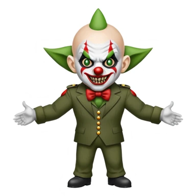 evil clown, bald, short devil horns on forehead, fangs, pointed ears, black and military green leisure suit, battle-ready fighting posture sticker