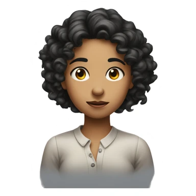 The girl is rolling her eyes and holding two fingers laying on her left side of the head with black curly long hair sticker