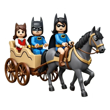  Rustic wood Lego detailed 1854 Batman driving and pretty dark-haired Catgirl riding a horse drawn family-size Caravan alone together on a romantic trail in the woods  sticker