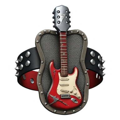 Create a powerful and dynamic humanless emoji representing rock vocals. The design should feature a classic vintage microphone with a rugged, distressed look, surrounded by elements like a guitar pick, electric guitar neck, and sound waves to reflect the raw energy of rock music. Add subtle details such as a spiked bracelet, leather textures, or bold lightning bolts to evoke the rebellious and intense spirit of rock. Use dark, edgy colors like black, red, silver, and metallic accents to emphasize the fierce, loud, and passionate nature of rock vocals. The background should be transparent. sticker