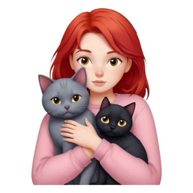 
a girl with red hair in pastel clothes hugs a black British cat sticker