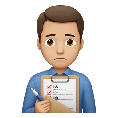 Man looking sad while holding a clipboard with a checklist that has a heading that says job application  sticker