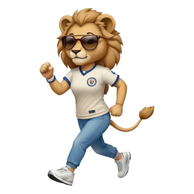 friendly anthropomorphised female lion wearing a baseball shirt, jeans, trainers, dark sunglasses, jogging upright, looking dominant and confident sticker