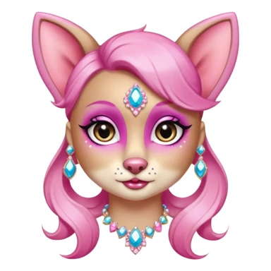 glamorous dog portrait, head and shoulders only, exaggerated pink makeup, bright eyeshadow, long eyelashes, shiny blush cheeks, sparkling face gems, glitter accents, elegant earrings, fantasy beauty style, cute 3D cartoon, mobile game icon style, clean background, no text, no watermark
 sticker