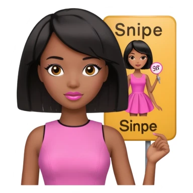 Black barbie, short  black bob  hair, pink dress with a sign that says snipe sticker