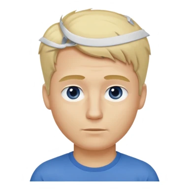 Crée l’emoji d’un homme blond , cheveux court mais un peu de cheveux sur le dessus , yeux bleus , nez avec une bosse, grain de beauté dans le cou. TEE shirt blanc  sticker