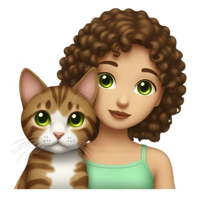 Dark brown curly haired girl with hazel eyes kissing a brown tabby cat with green eyes sticker